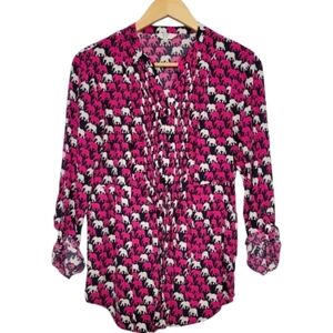 Crown & Ivy Pink Navy Blue Elephant Print Roll Tab Sleeve Button Up Blouse Small